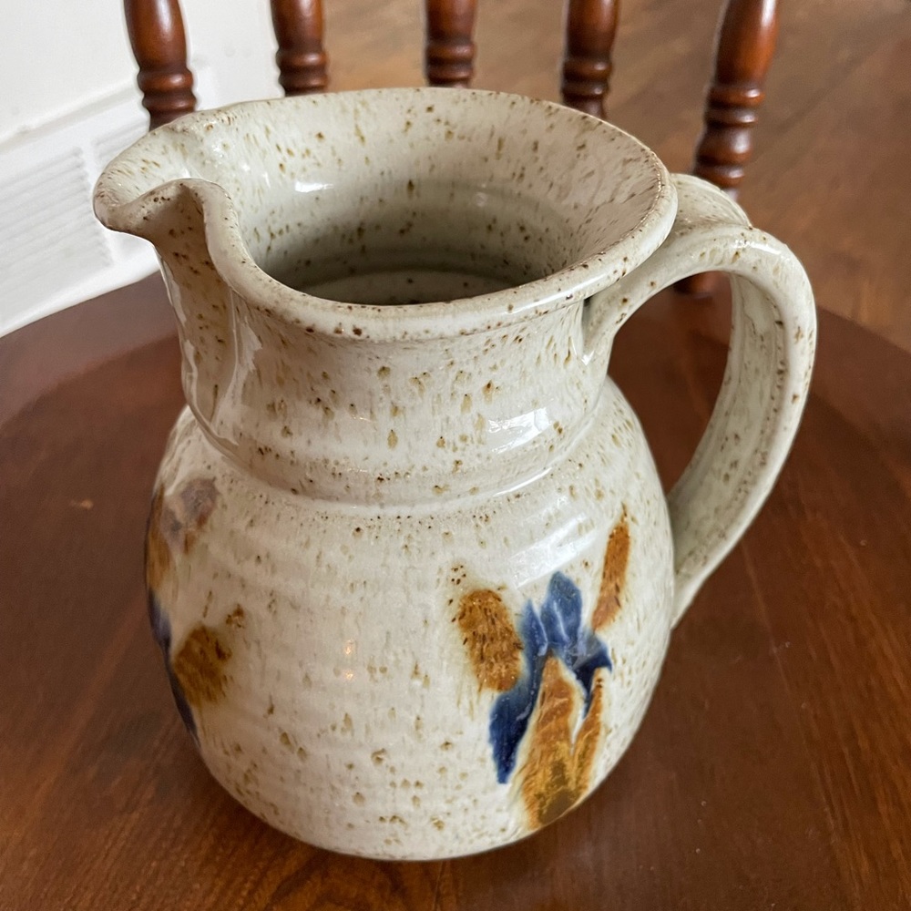 Vintage Pottery Pitcher Tan and Blue